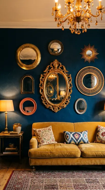 17 Bohemian Mirror Gallery Wall Living Room Vintage Eclectic 16 16. Vintage Eclectic Mirror Wall With Dark Jewel-Toned Backdrop