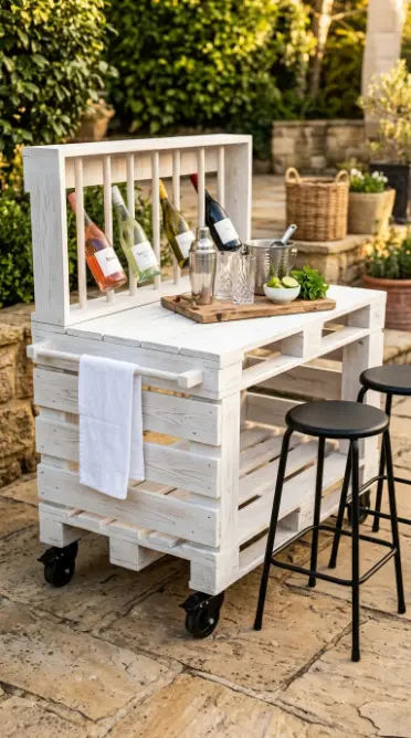 18 Pallet Table DIY Whitewashed Outdoor Patio Wheels 16 16. Whitewash a Pallet Table and Style It as an Outdoor Bar Cart