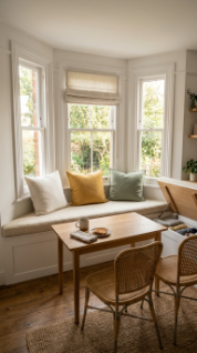 20 DIY Breakfast Nook Bay Window Wraparound Banquette 17 17. Add Roman Shades to Each Bay Window Panel