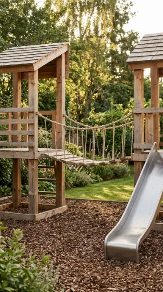 22 DIY Kids Playground With Cedar Swing Set and Slide 17 17. Cedar Playground With Rope Bridge Between Two Towers