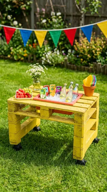 18 Pallet Table Outdoor Built-In Ice Cooler Party Table 17 17. Create a Kids' Pallet Party Table With a Juice and Lemonade Cooler Trough