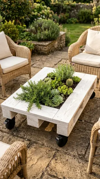 18 Pallet Table DIY Whitewashed Outdoor Patio Wheels 17 17. Create a Whitewashed Pallet Table With Inset Planter Box in the Center