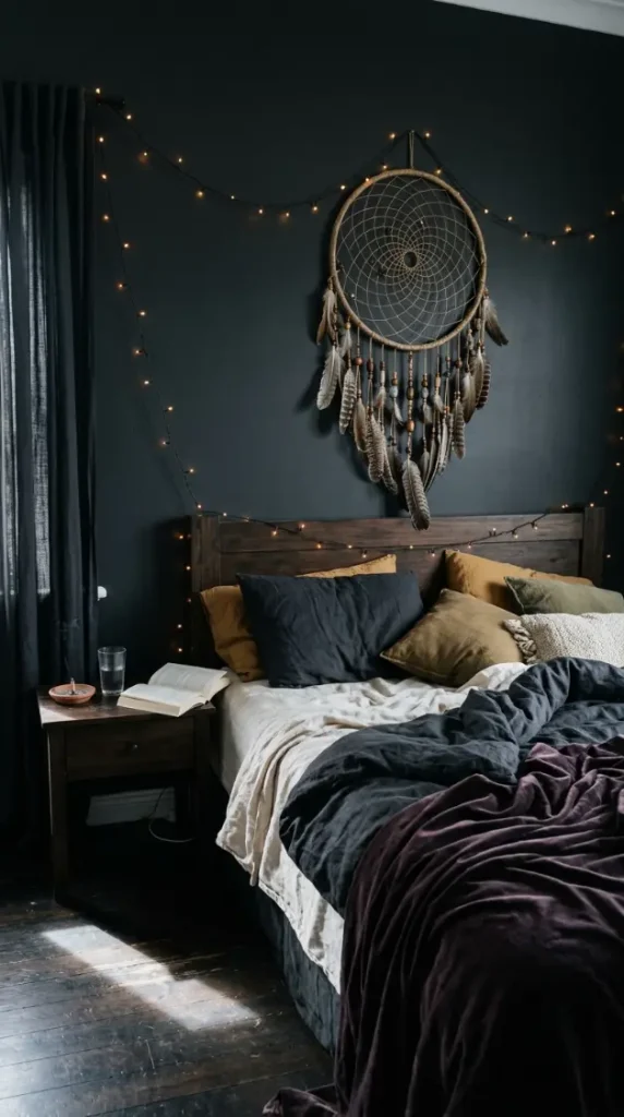 18 Bohemian Bed Dark Charcoal Fairy Light Dreamcatcher 17 17. Dark Charcoal Bedroom Morning Light