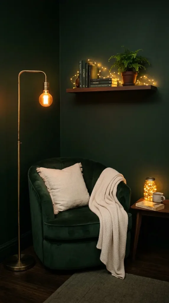 22 Cozy Warm Bedroom Aesthetic Dark Green Fairy Lights 17 17. Dark Green Bedroom Reading Corner — Chair, Lamp, and Fairy Lights