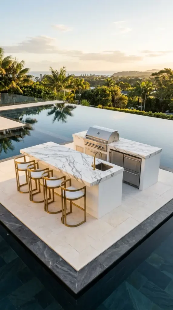24 Outdoor Kitchen Ideas Luxury Resort Style With Pool 17 17. Floating Outdoor Kitchen Island in Pool Deck