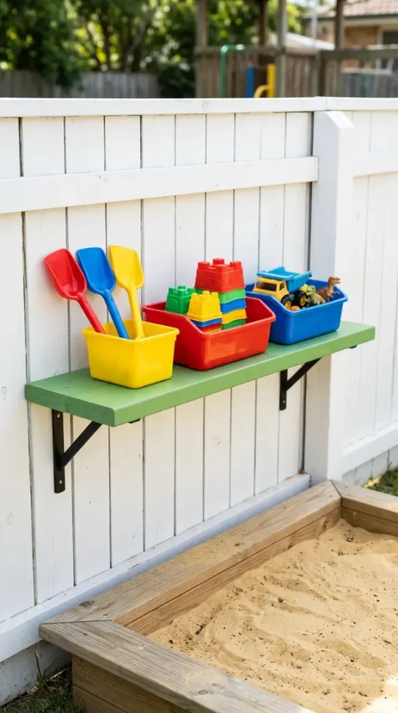 22 DIY Kids Playground Sandbox and Water Table for Small Yards 17 17. Floating Shelf Sand Toy Storage Above Sandbox