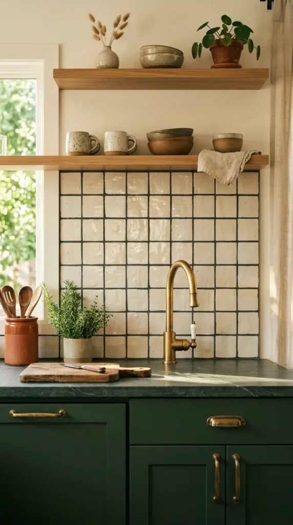 18 Modern Boho Kitchen Ideas Forest Green Soapstone Brass 17 17. Forest Green Kitchen With Dark Grout in Handmade Tile Back Splash