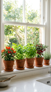 18 Herb Garden Ideas Indoor Kitchen Window Terracotta 17 17. Grow Chillies Alongside Herbs in Terracotta for a Kitchen Window Kitchen Garden