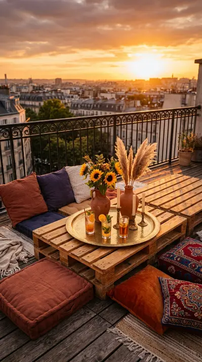 20 Pallet Table Outdoor Boho Rooftop Terrace Floor Cushions 17 17. Pallet Terrace Sunset Hour — Golden Hour Styling