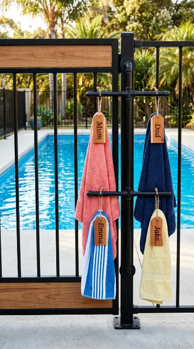 20 Pool Towel Rack Ideas DIY Industrial Pipe Name Tags 17 17. Pipe Rack Built Into Pool Gate — Entry Point Towel Station