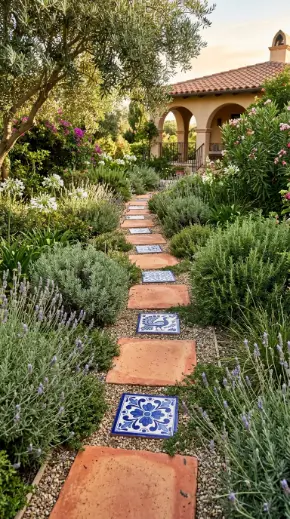 18 Outdoor Living Space Design Spanish Revival Arched Tile 17 17. Spanish Revival Garden Path in Talavera and Terracotta Stepping Stones