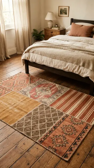 20 Cute Rugs Ideas for Bedrooms That Make You Want to Stay in Bed Forever 17 17. Vintage Patchwork Rug in Warm Earthy Tones