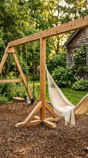 22 DIY Kids Playground With Cedar Swing Set and Slide 18 18. Cedar Swing Set With Hammock Frame Attachment