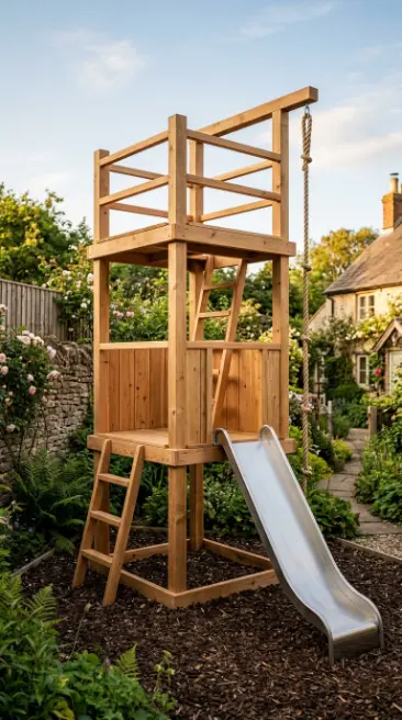 20 DIY Jungle Gym Small Space Compact Tiny Backyard 18 18. Compact Cedar Play Tower With Rooftop Deck
