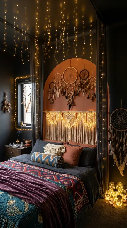 18 Bohemian Bed Dark Charcoal Fairy Light Dreamcatcher 18 18. Complete Dark Charcoal Fairy Light Dreamcatcher Bohemian Bedroom — All Elements Together