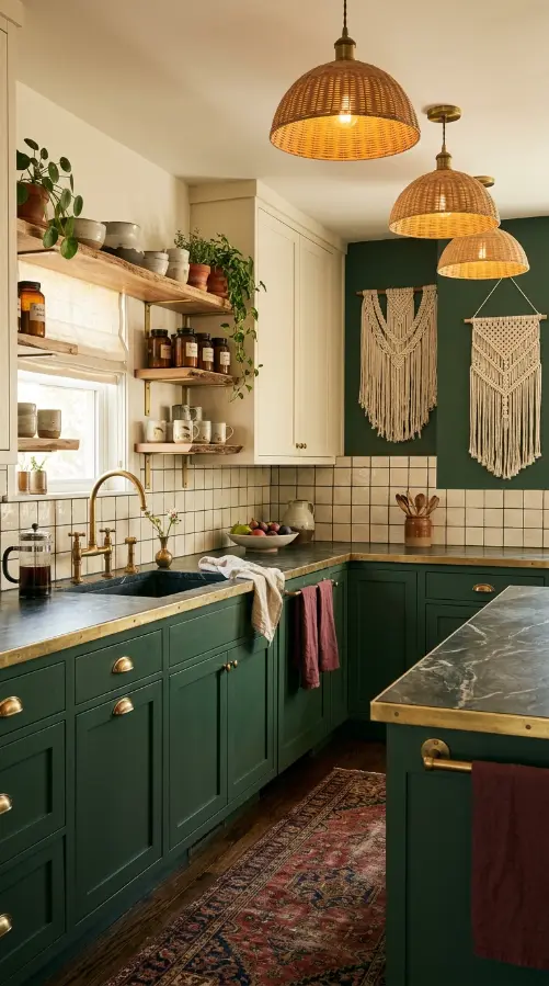 18 Modern Boho Kitchen Ideas Forest Green Soapstone Brass 18 18. Complete Modern Boho Kitchen — All Elements Together