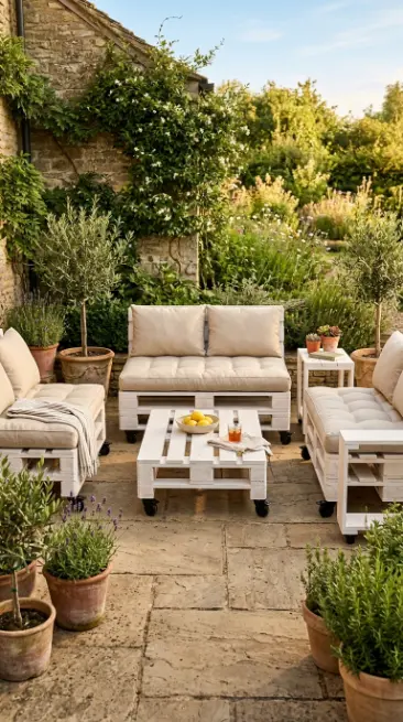 18 Pallet Table DIY Whitewashed Outdoor Patio Wheels 18 18. Complete the Outdoor Patio With a Full Whitewashed Pallet Furniture Set on Wheels
