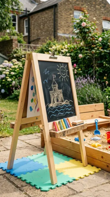 22 DIY Kids Playground Sandbox and Water Table for Small Yards 18 18. DIY Outdoor Easel Beside the Play Zone