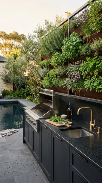 24 Outdoor Kitchen Ideas Luxury Resort Style With Pool 18 18. Dark Timber Outdoor Kitchen With Built-In Herb Garden Wall