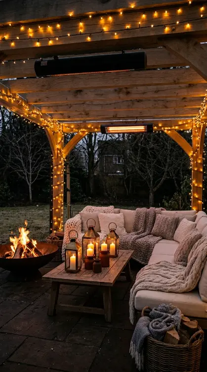 32 Outdoor Living Space Design Luxury Pergola Lounge Area 18 18. Four-Season Pergola Lounge — Winter Styling with Heaters and Throws