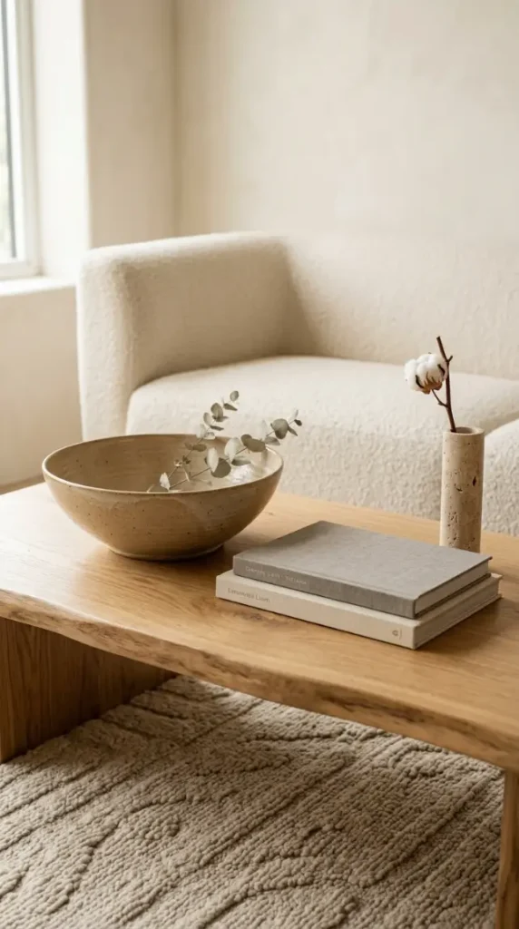 18 Minimalist Living Room Decor Ideas Warm Texture Curved 18 18. Keep the Coffee Table Surface to Three Objects Maximum