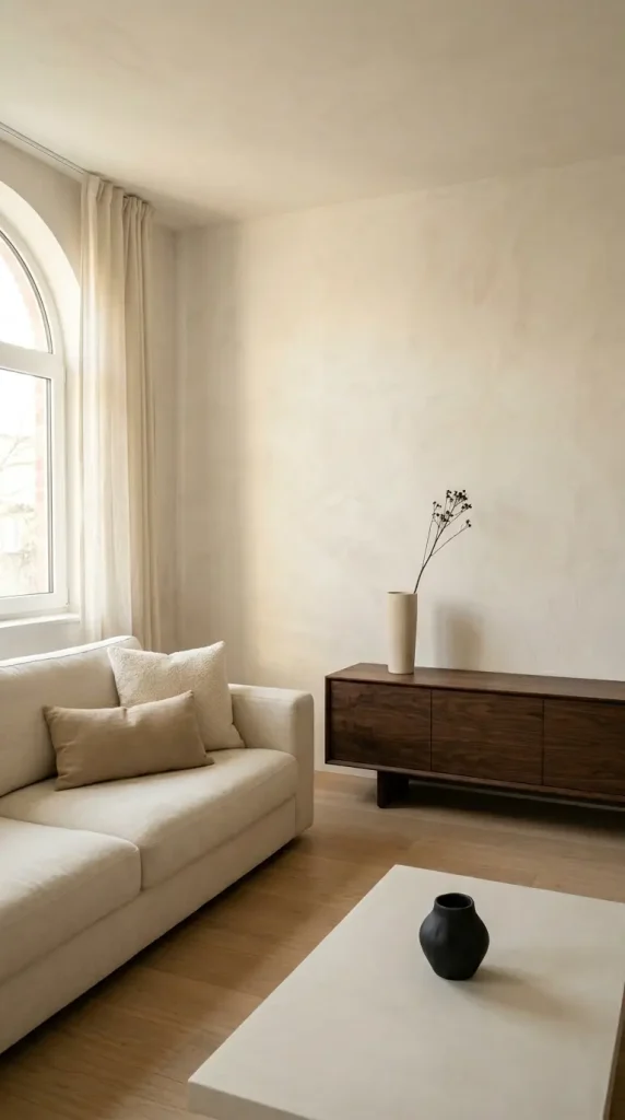 22 Minimalist Living Room Decor Ideas Sculptural Plaster 18 18. Minimalist Plaster Living Room with Dark Accents