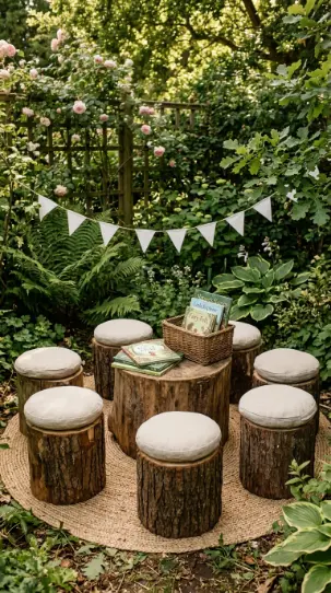 22 DIY Outside Play Area for Kids Natural Log and Stump 18 18. Natural Stump and Log Seating Circle for Outdoor Reading