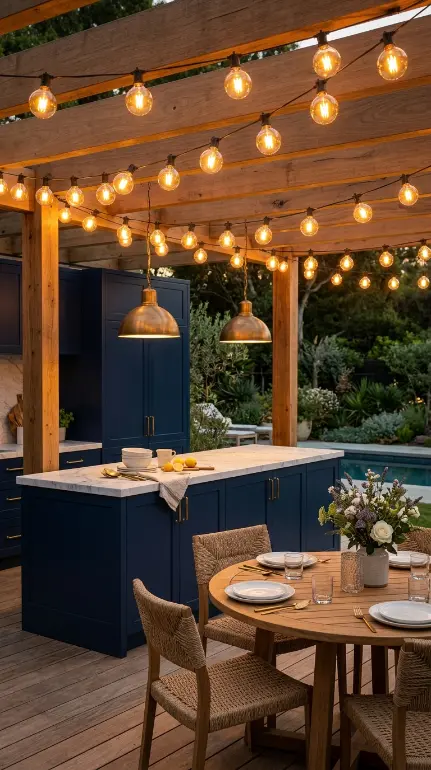 20 Modern Summer Kitchen Decor Ideas Navy Brass Island 18 18. Navy and Brass Summer Kitchen With Overhead Festoon Lights