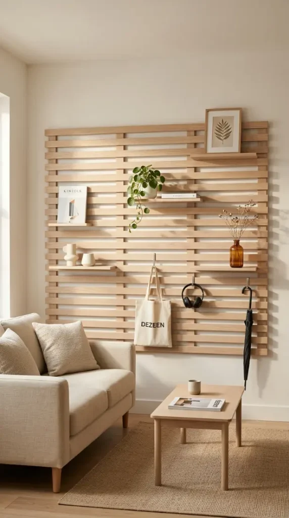 20 Minimalist Living Room Small Spaces Multifunctional 18 18. Pegboard or Slatted Wall Panel as Flexible Display and Storage