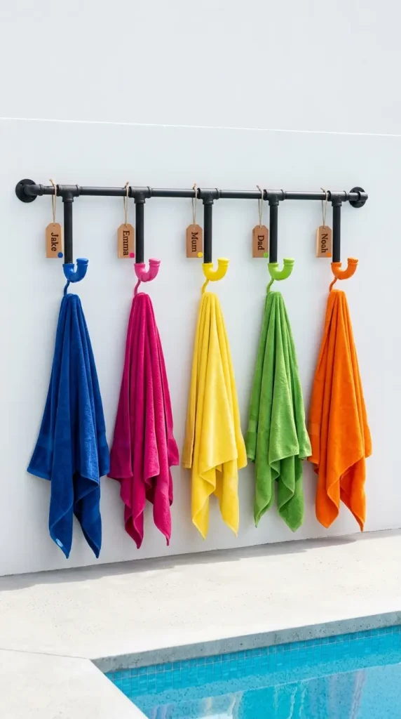 20 Pool Towel Rack Ideas DIY Industrial Pipe Name Tags 18 18. Pipe Rack with Color-Coded Hook Ends — Painted Elbows
