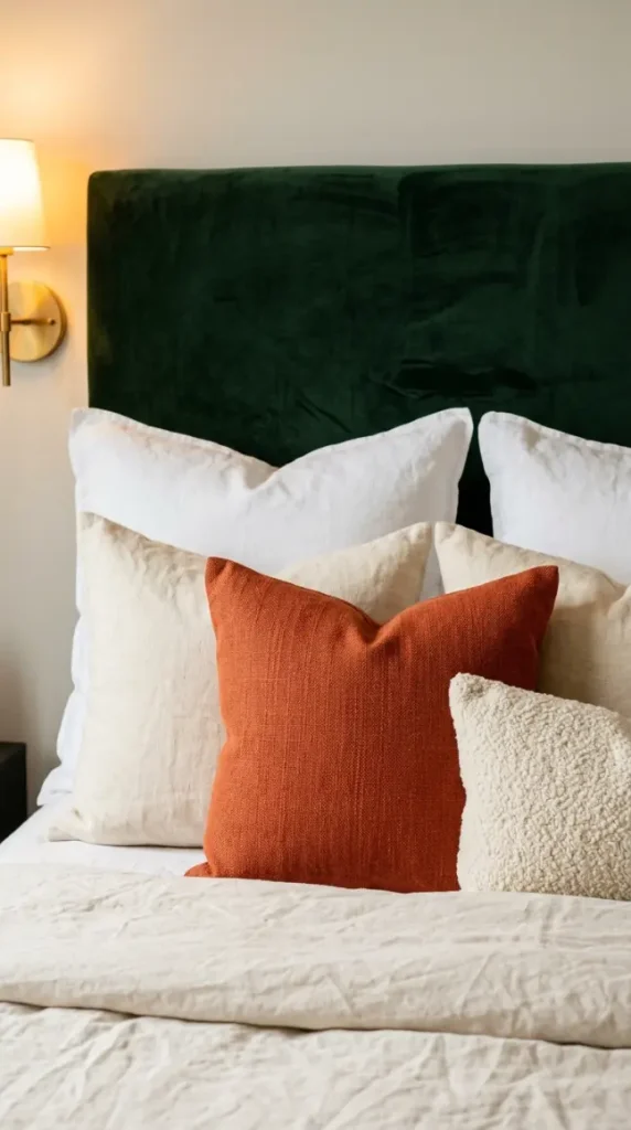 22 Cozy Warm Bedroom Aesthetic Vintage Brass Layered Rugs 18 18. Terracotta Accent Pillow as Color Bridge