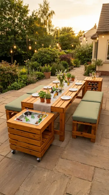 18 Pallet Table Outdoor Built-In Ice Cooler Party Table 18 18. The Complete Pallet Party Zone With Cooler Table, Bench Seats, and Side Tables