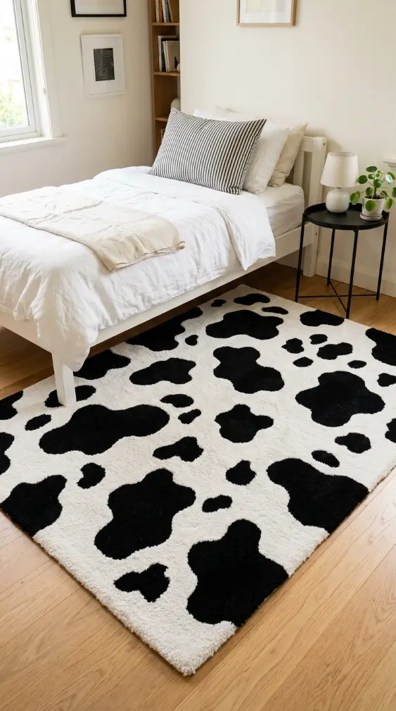 20 Cute Rugs Ideas for Bedrooms That Make You Want to Stay in Bed Forever 18 18. Tufted Animal Print Rug — Cow or Cheetah Pattern