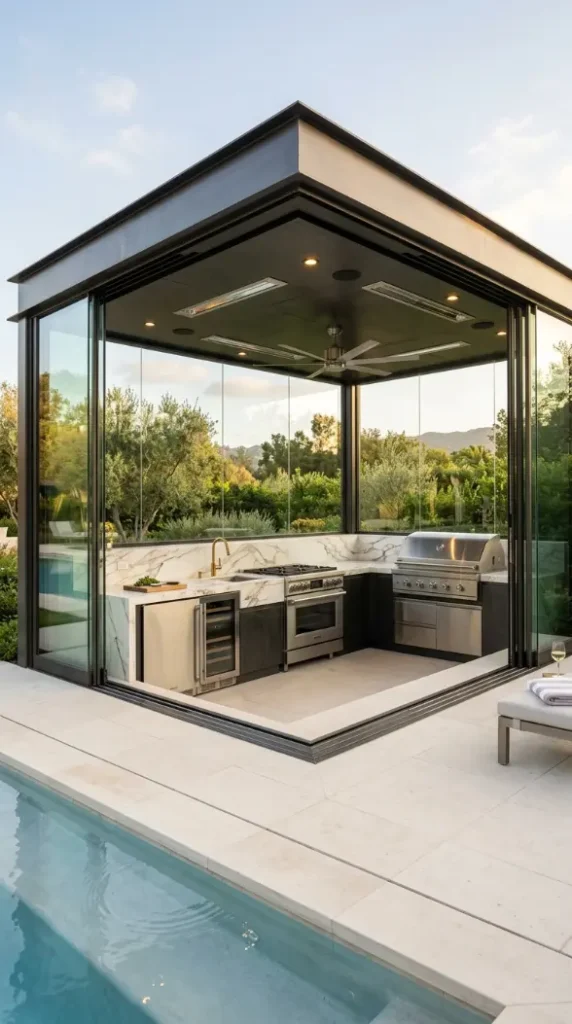 24 Outdoor Kitchen Ideas Luxury Resort Style With Pool 19 19. Glass-Walled Outdoor Kitchen With Climate Control