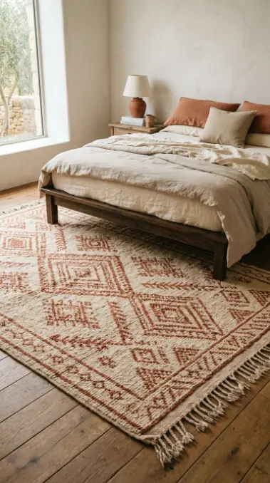 20 Cute Rugs Ideas for Bedrooms That Make You Want to Stay in Bed Forever 19 19. Hand-Knotted Moroccan Rug in Warm Terracotta