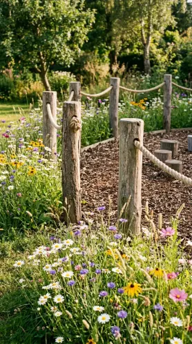 22 DIY Outside Play Area for Kids Natural Log and Stump 19 19. Natural Log Post and Rope Boundary With Wildflower Planting