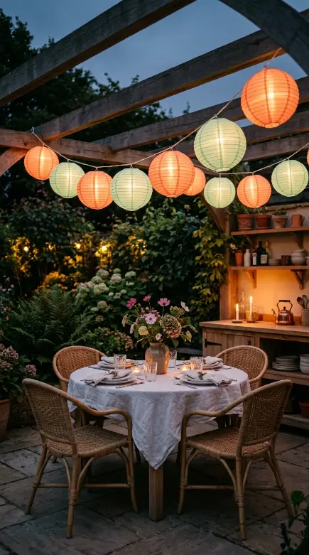 22 Colorful Summer Kitchen Decor Ideas Outdoor Coral Mint 19 19. Outdoor Kitchen With Coral and Mint Paper Lantern String Lights