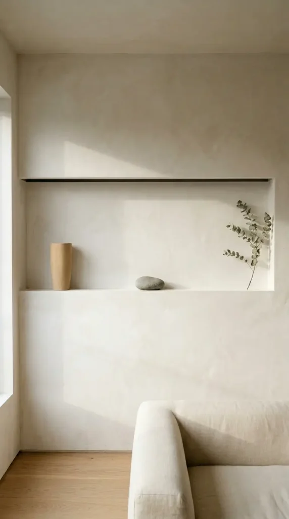 22 Minimalist Living Room Decor Ideas Sculptural Plaster 19 19. Plaster Wall with Recessed Ledge — Invisible Shelf