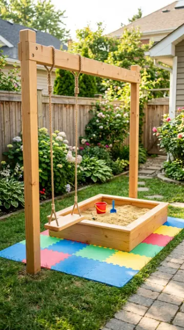 22 DIY Kids Playground Sandbox and Water Table for Small Yards 19 19. Rope and Timber Swing Integrated Into Sandbox Frame