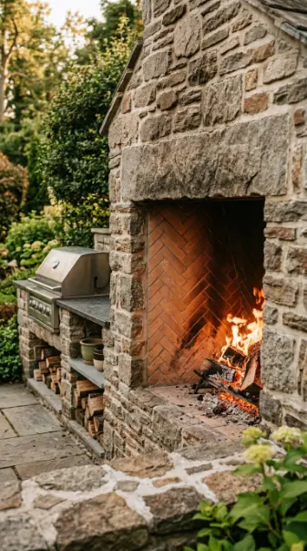 22 Outdoor Kitchen Ideas Rustic Stone With Fireplace 19 19. Stone Kitchen With Herringbone Brick Fireback