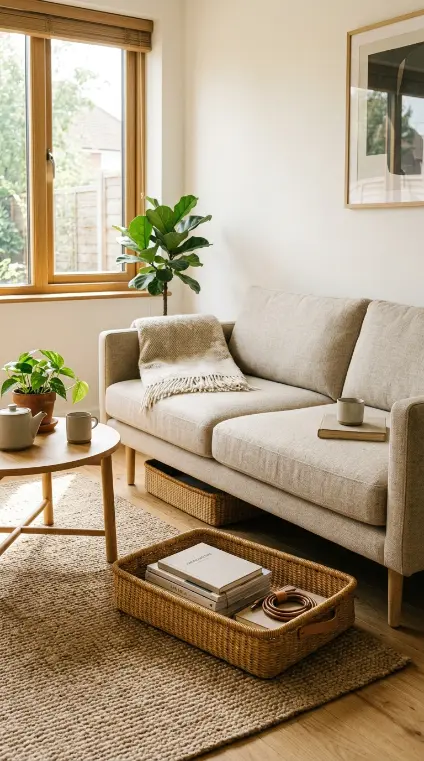 20 Minimalist Living Room Small Spaces Multifunctional 19 19. Under-Sofa Storage With Slim Pull-Out Drawers or Baskets
