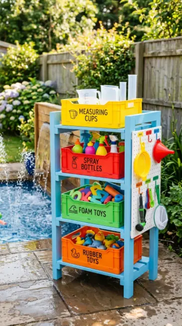22 DIY Outside Play Area for Kids Water Wall Splash Zone 19 19. Water Wall Storage and Organisation Station