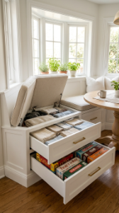 20 DIY Breakfast Nook Bay Window Wraparound Banquette 2 2. Add Hidden Storage Drawers to the Banquette Base