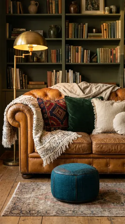 16 Bohemian Living Room Dark Olive Book Wall Chesterfield 2 2. Aged Leather Chesterfield Styled With Layered Bohemian Textiles