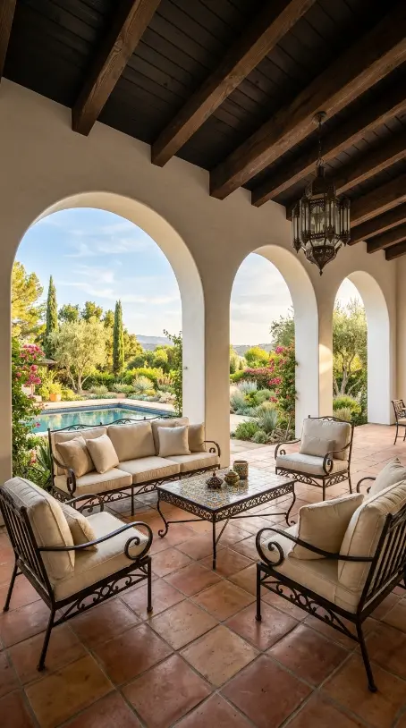 18 Outdoor Living Space Design Spanish Revival Arched Tile 2 2. Arched Stucco Loggia as Outdoor Living Room Structure