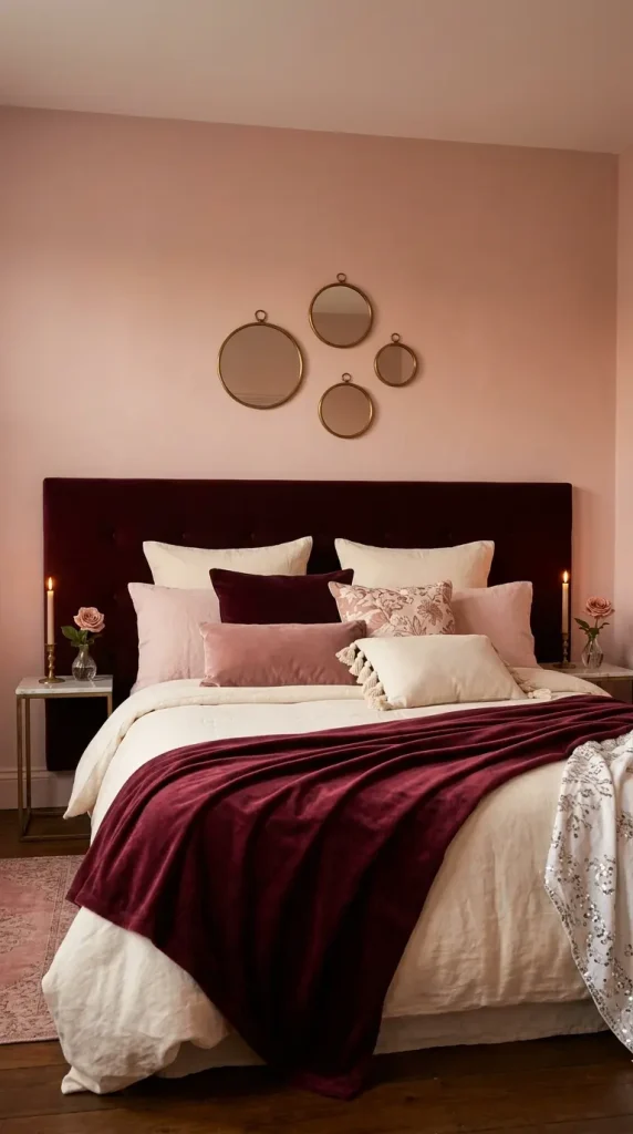 15 Bedroom Decor Colorful Blush Burgundy Romantic Style 2 2. Blush Walls With Burgundy Velvet Headboard
