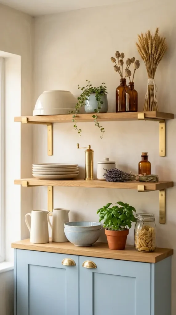 12 Bohemian Kitchen Pale Blue Vintage Range Brushed Gold 2 2. Brushed Gold Open Shelving With Pale Blue Kitchen Backdrop