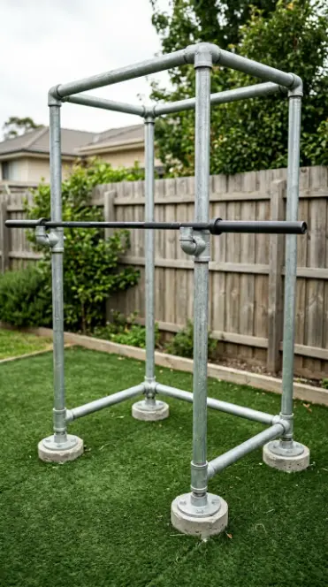 14 Budget-Friendly Home Gym Designs Outdoor Backyard Turf 2 2. Build a Budget Power Rack From Galvanized Steel Pipe