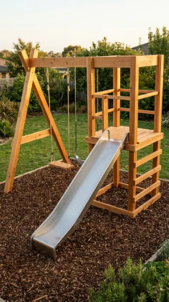 22 DIY Kids Playground With Cedar Swing Set and Slide 2 2. Cedar Swing Set With Attached Slide Tower