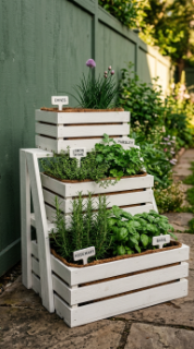 17 Herb Planter Ideas DIY Tiered Wooden Crate Stand 2 2. Chalk White Painted Tiered Crate Herb Stand